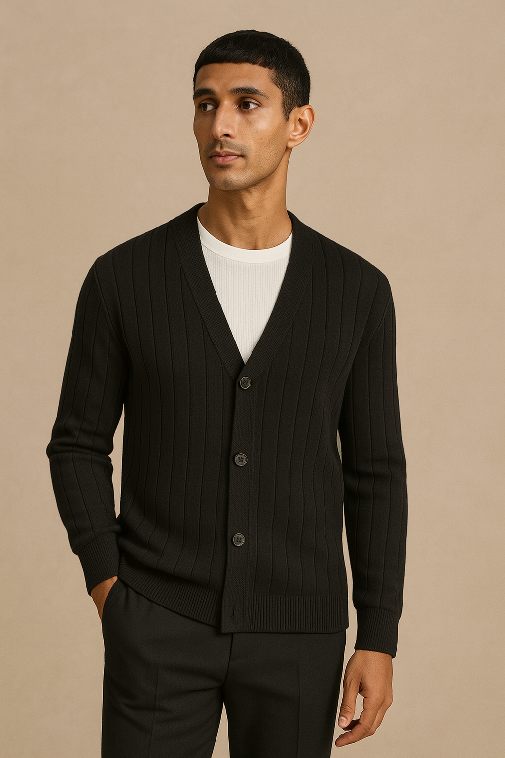Manfinity Homme Men’s Ribbed Button-Up Cardigan – Black