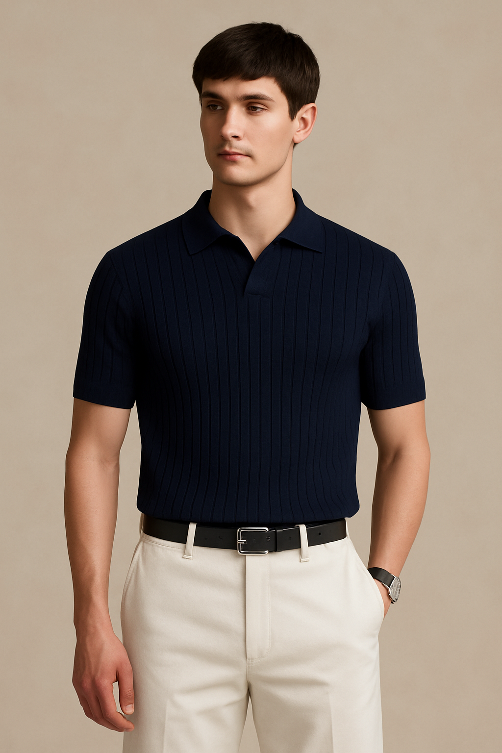 Men’s Ribbed Knit Polo Shirt – Navy Blue