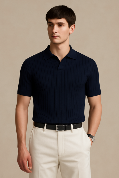 Men’s Ribbed Knit Polo Shirt – Navy Blue