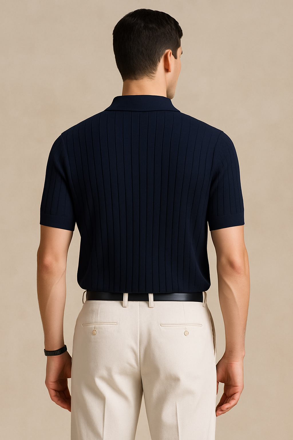 Men’s Ribbed Knit Polo Shirt – Navy Blue