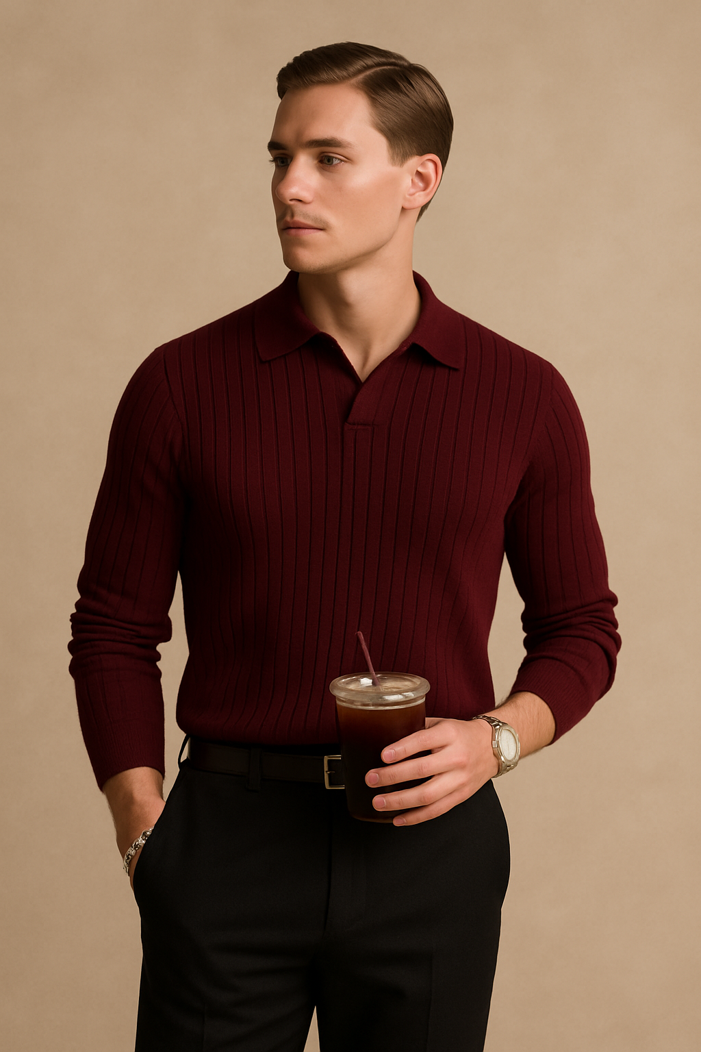 Classic Ribbed Knit Polo Sweater