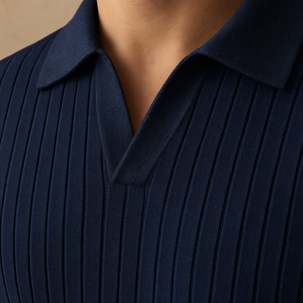 Men’s Ribbed Knit Polo Shirt – Navy Blue