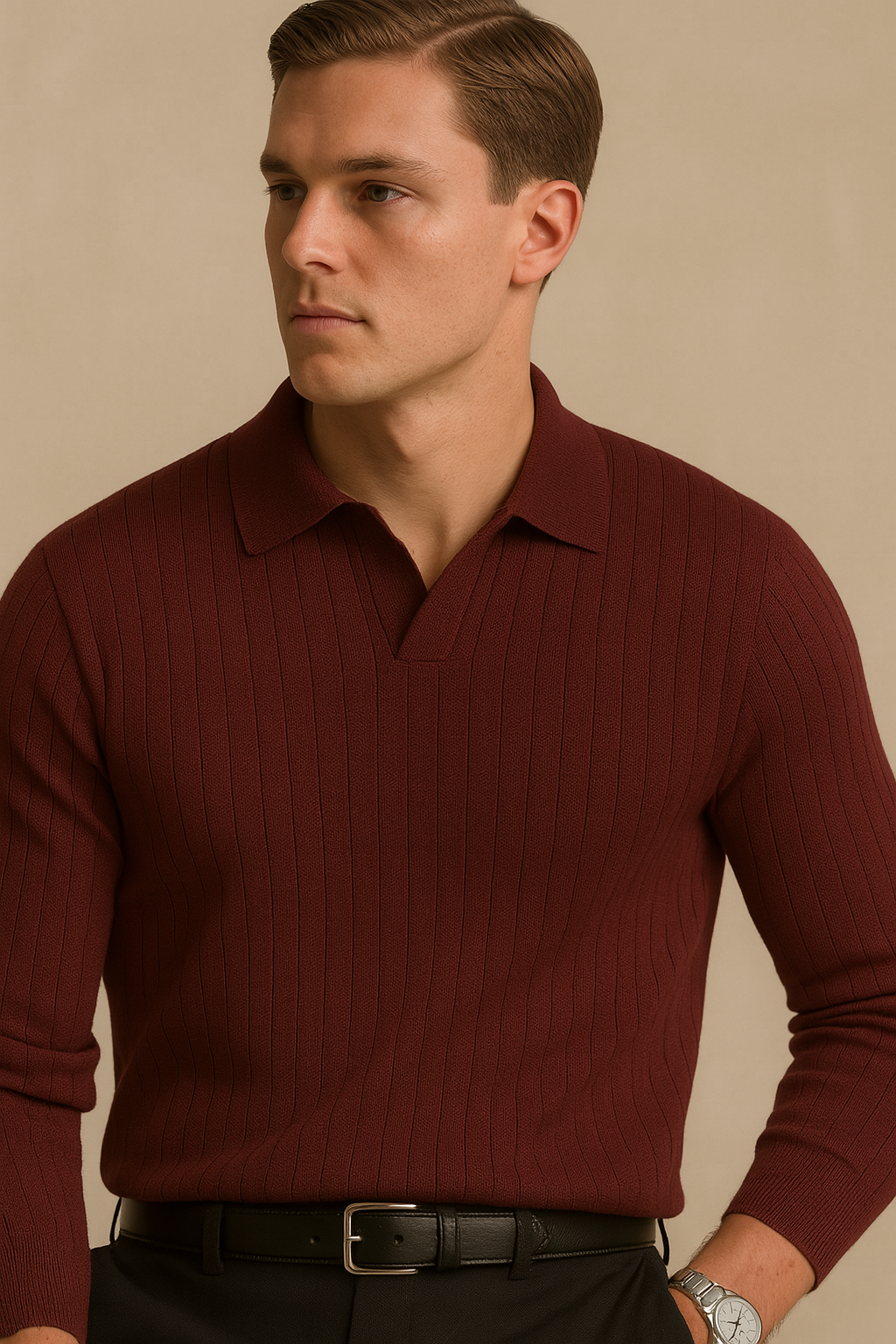 Classic Ribbed Knit Polo Sweater