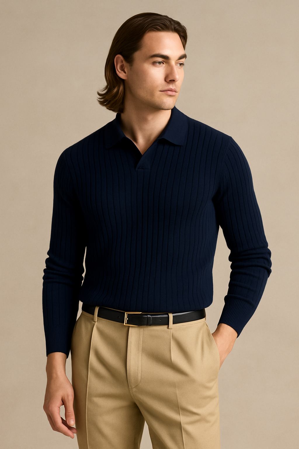 Classic Ribbed Knit Polo Sweater
