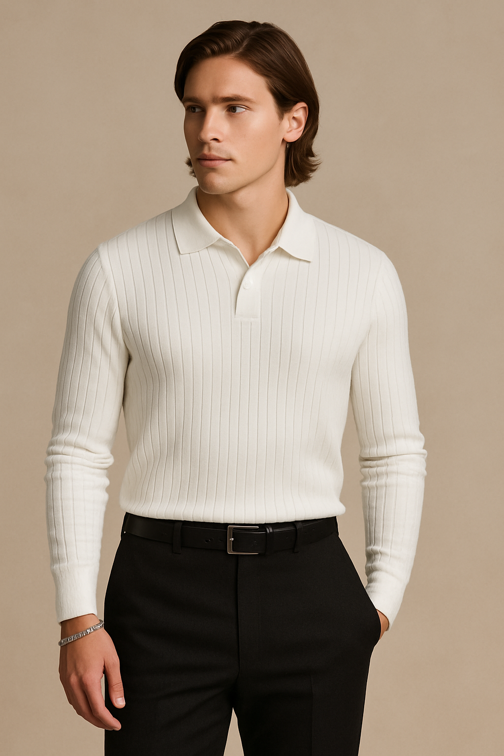 Classic Ribbed Knit Polo Sweater