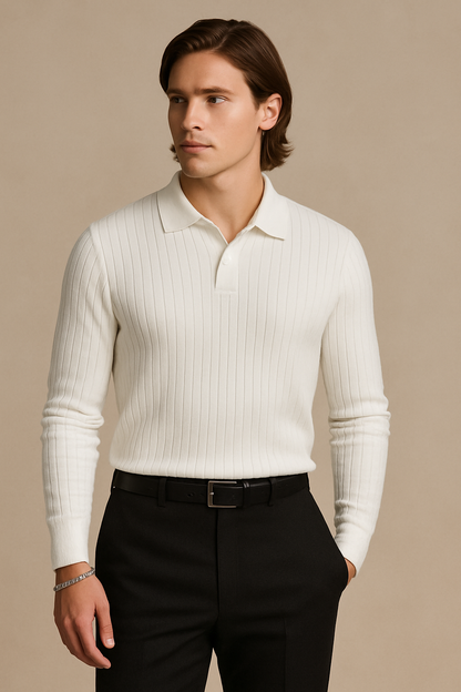 Classic Ribbed Knit Polo Sweater